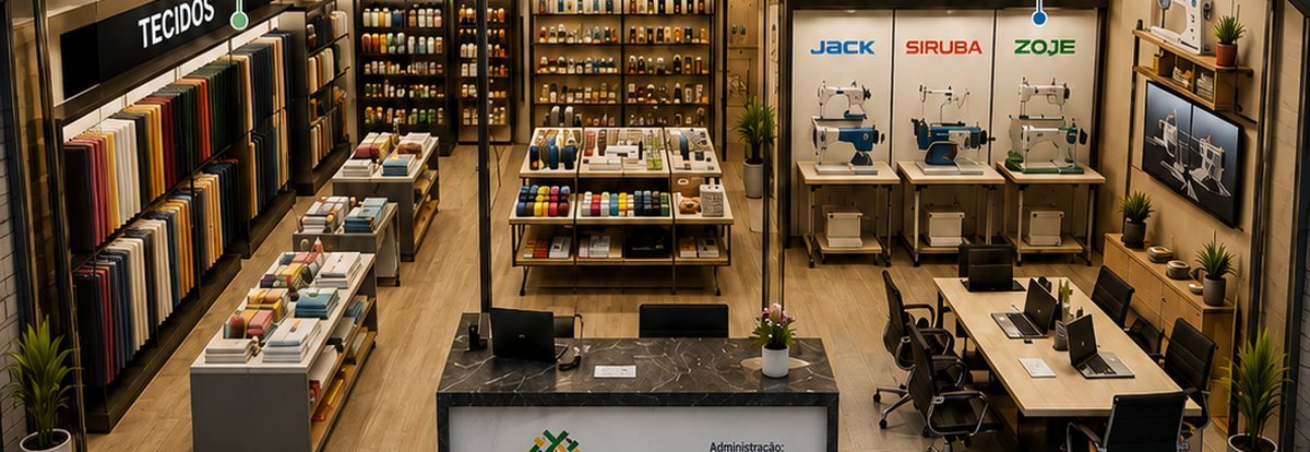 Showroom TEXARM Brasil com espaços de tecidos, aviamentos e máquinas profissionais